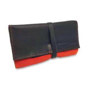 Portatabacco Compatto in pelle e camoscio nero e arancio