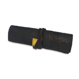 Portatabacco grande in pelle e camoscio consumato grigio antracite con inserti in giallo